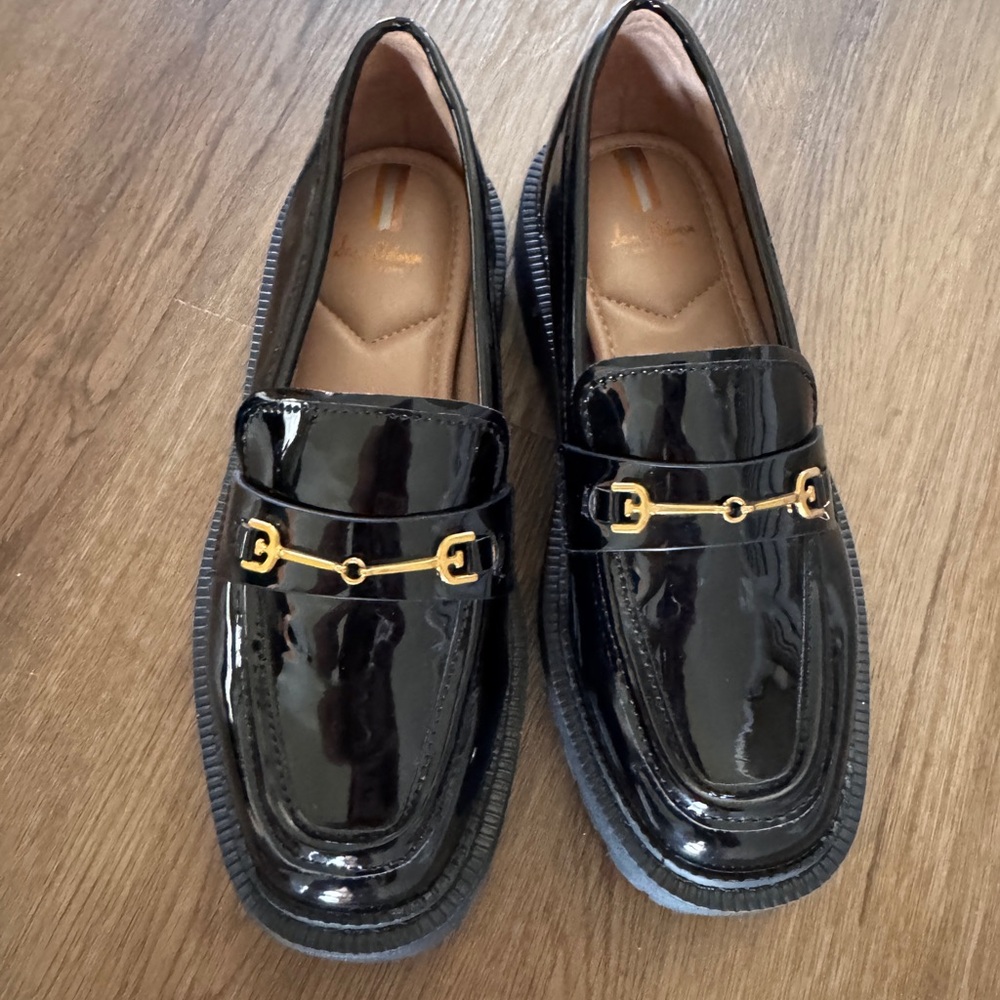 Sam Edelman Glossy Black Loafers with Gold Accents